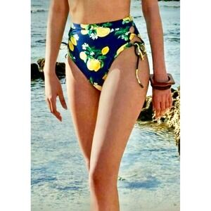 WET Swimwear Navy Sardinia Lemon Print High Waisted‎ Side Tie Bottom NWT $108